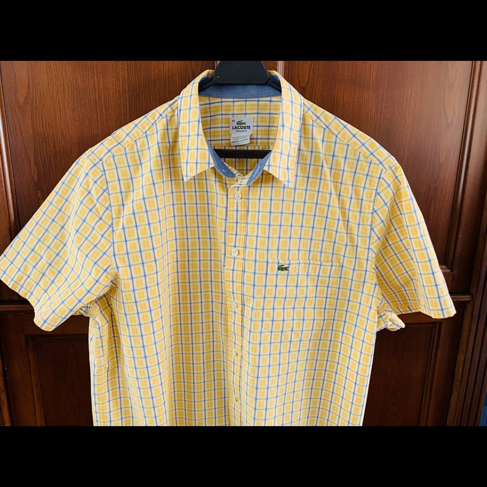 Lacoste 100% cotton men’s dress shirt yellow & blue plaid short sleeves Eur 45